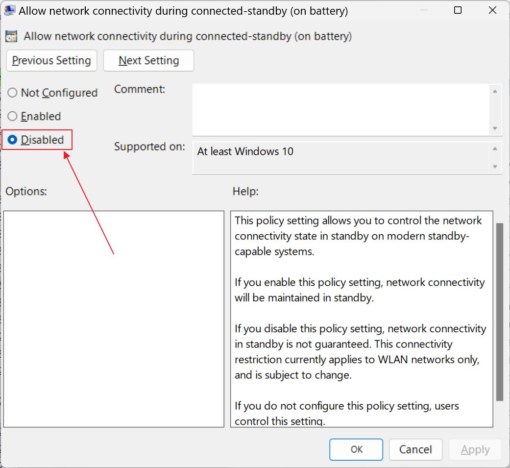 l'editor dei criteri di gruppo locali disabilita la connettività di rete in standby a batteria
