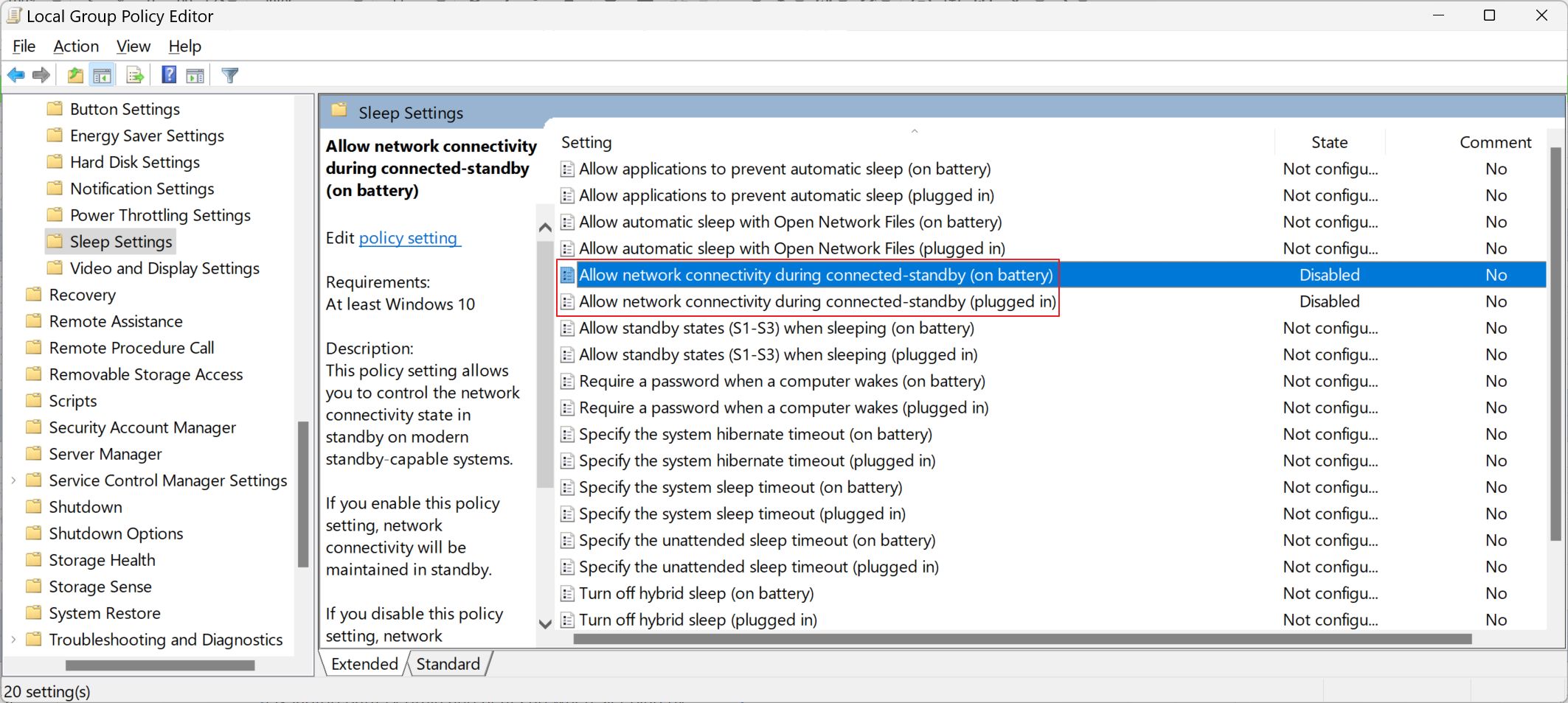 local group policy editor modern standby network connectivity