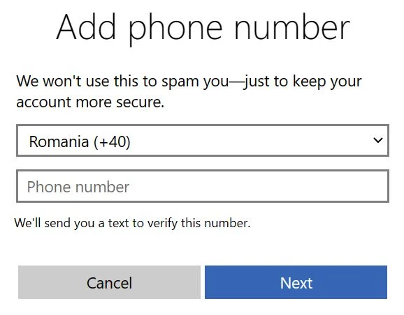 microsoft account add phone number text sign in
