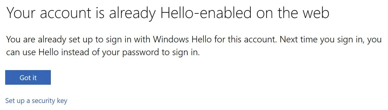 microsoft account already hello enabled on the web
