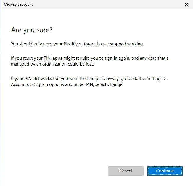 microsoft account are you sure reset pin