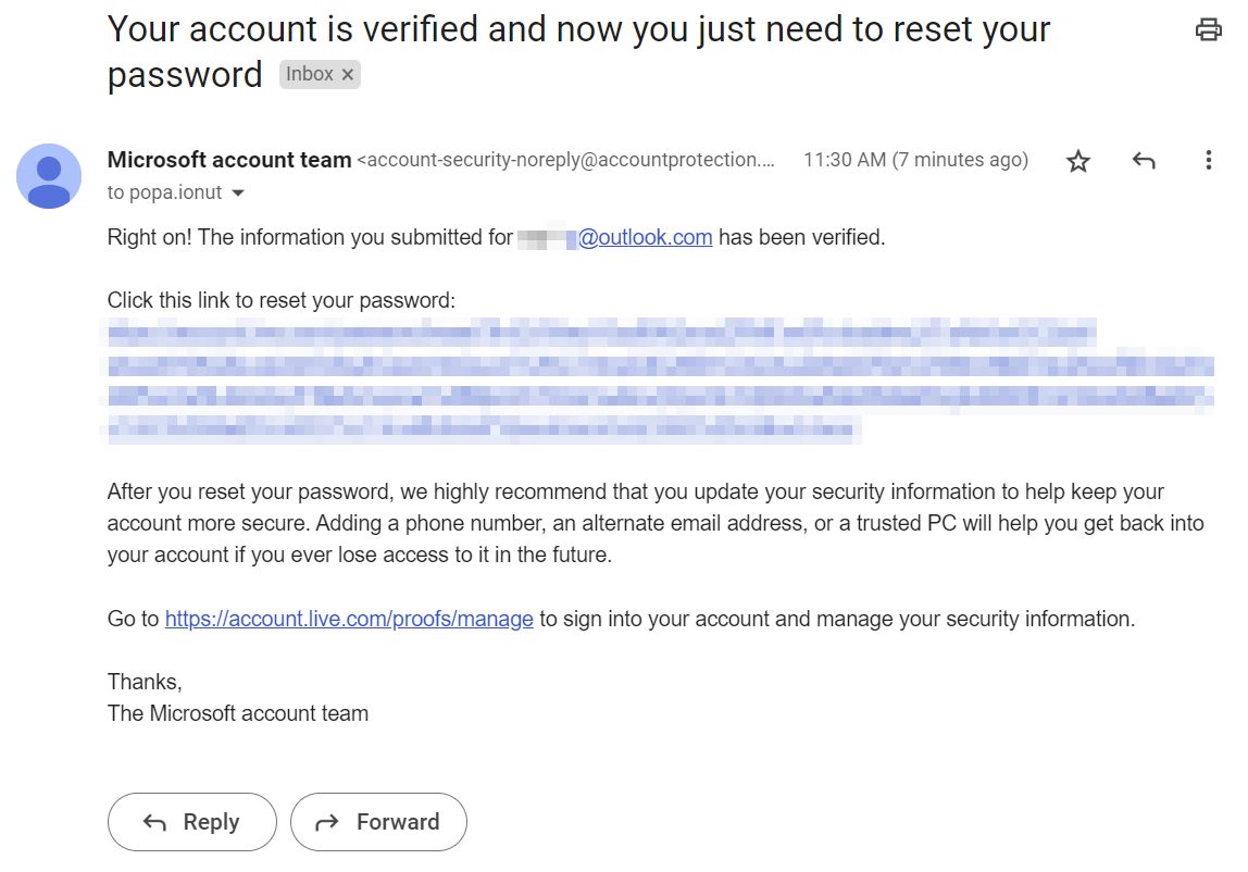 microsoft account is verified reset password