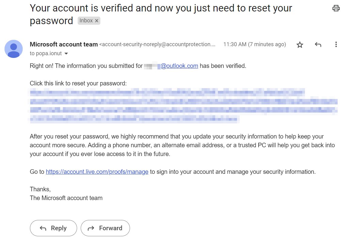 l'account microsoft è verificato reimpostare la password