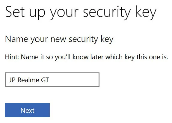 microsoft account name your new security key