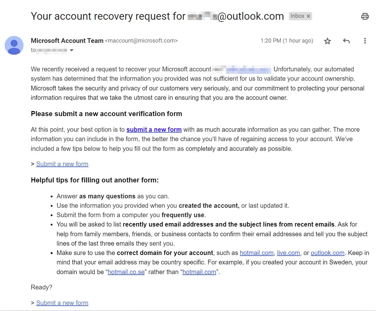 microsoft account recovery request info not sufficient