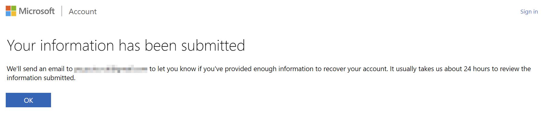 microsoft account recovery your information has been submitted