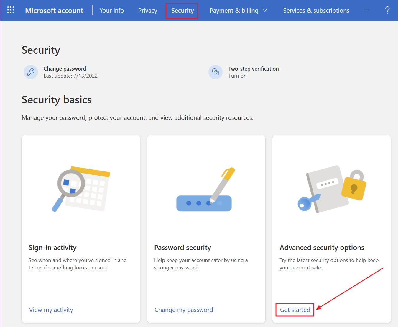microsoft account security advanced options