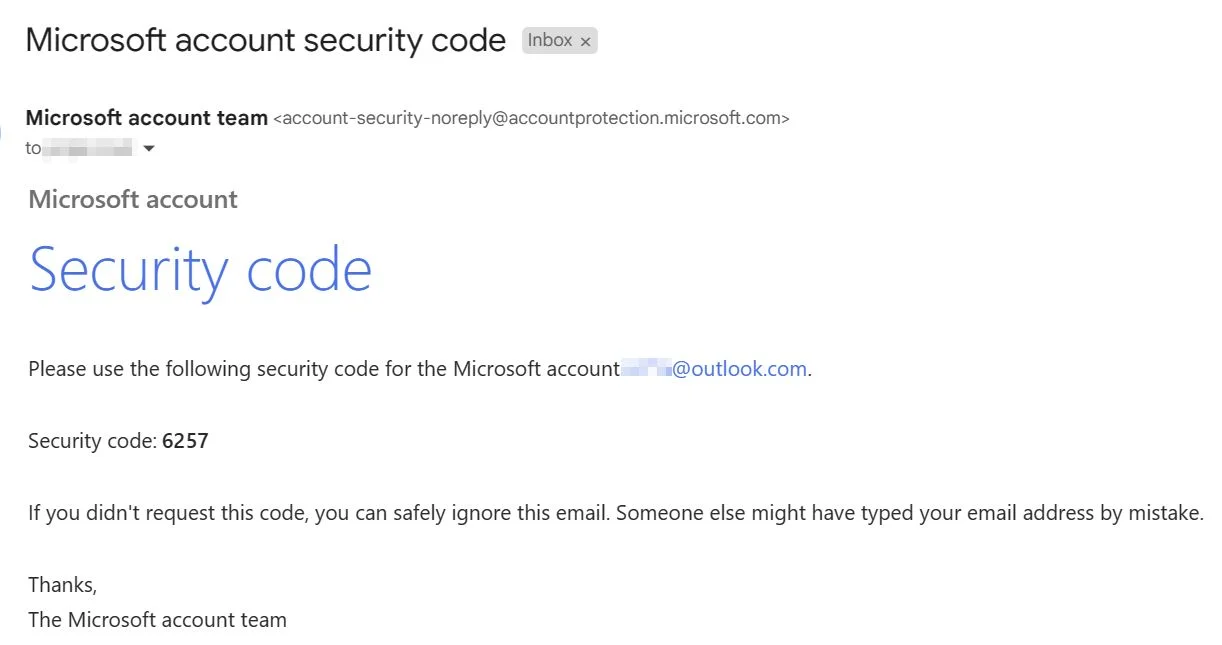 microsoft account security code email