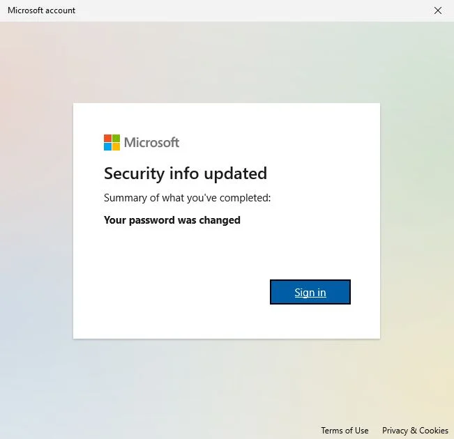 microsoft account security info updated