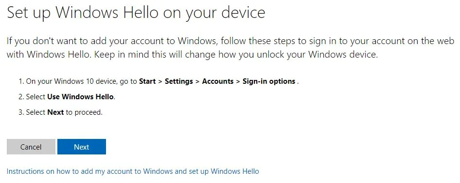 microsoft account set up windows hello on your device next