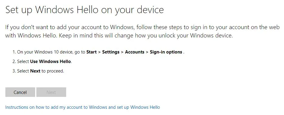 microsoft account set up windows hello on your device