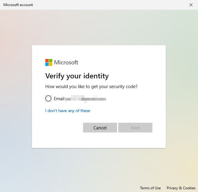 microsoft verify your identity security code option