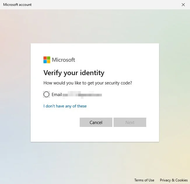 microsoft verify your identity security code option