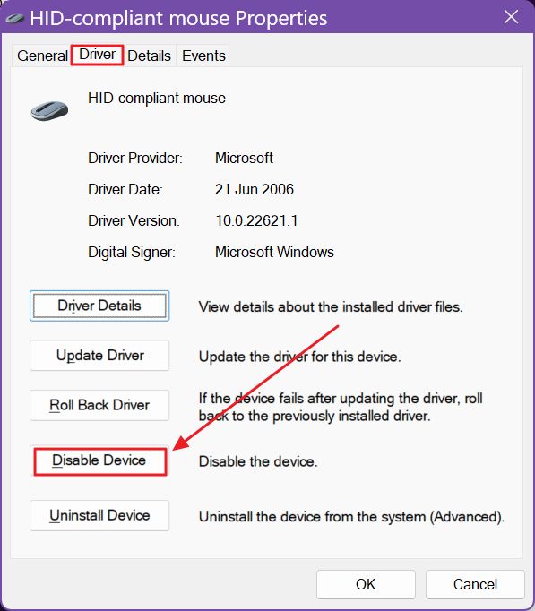 mouse properties driver disable