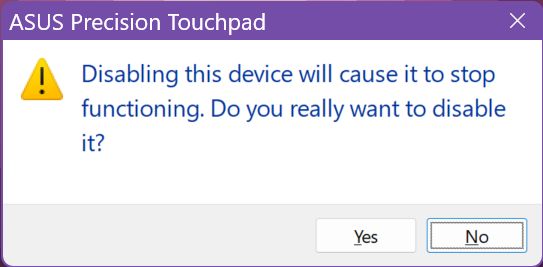 precision touchpad disable warning message