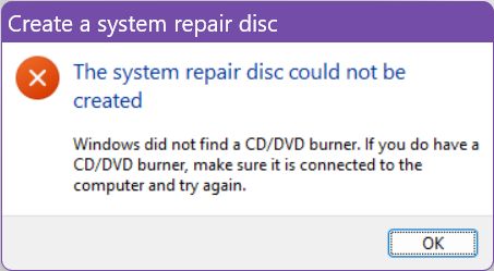 system repair disc could not be created