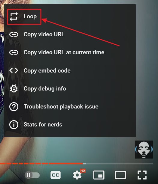 vídeo clique direito menu loop vídeo youtube