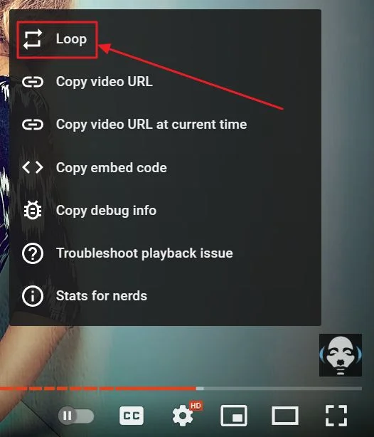 video right click menu loop video youtube