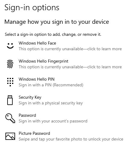 windows 10 settings account sign in options