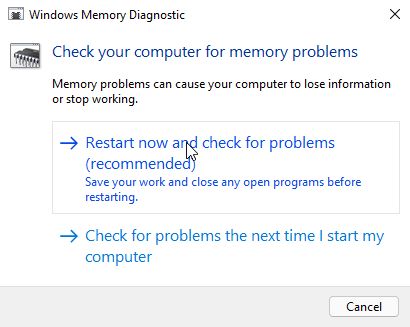 windows memory diagnostic restart and check for problems