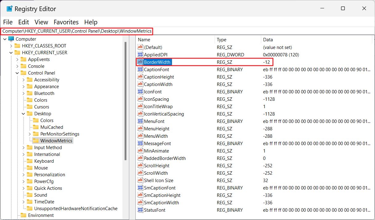 clave borderwidth del registro de windows