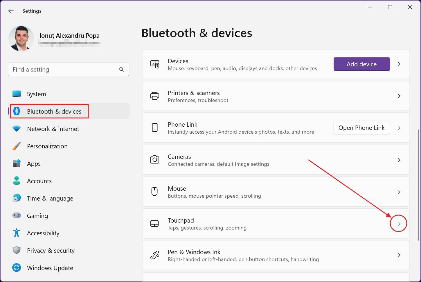 windows settings bluetooth devices touchpad