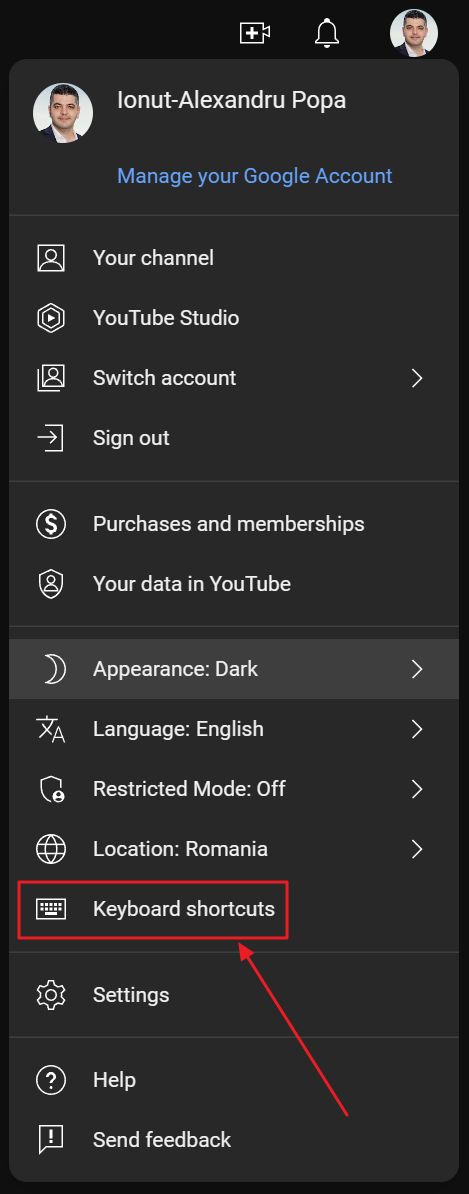 Lien du menu des raccourcis clavier de youtube