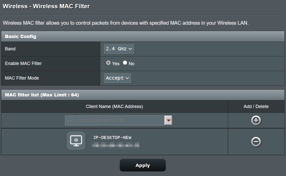 asus wireless mac filter list
