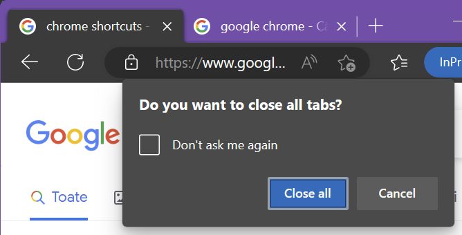 chrome do you want to close all tabs message