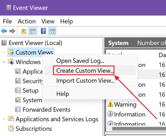 create custom view event viewer