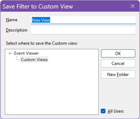 event viewer custom view name