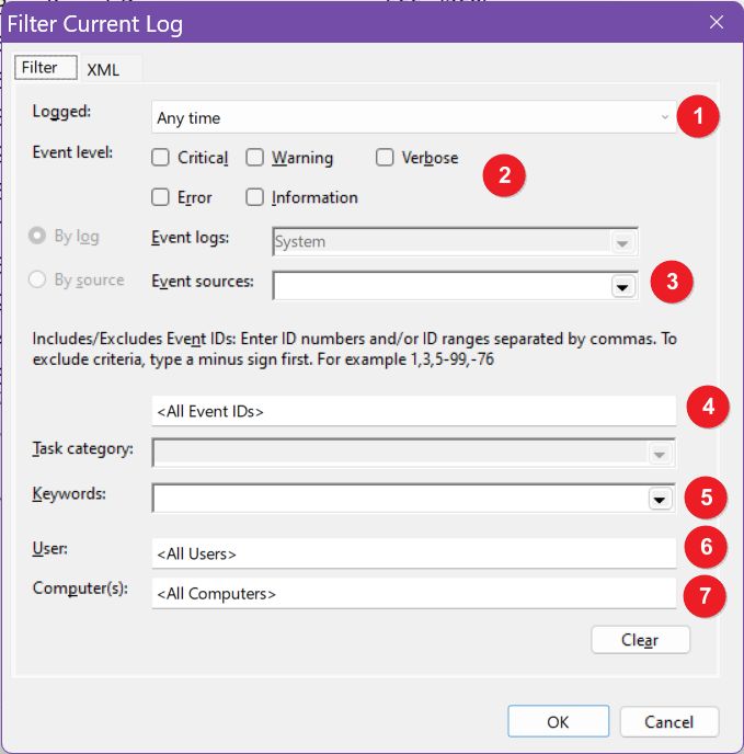 event viewer filter current log settings
