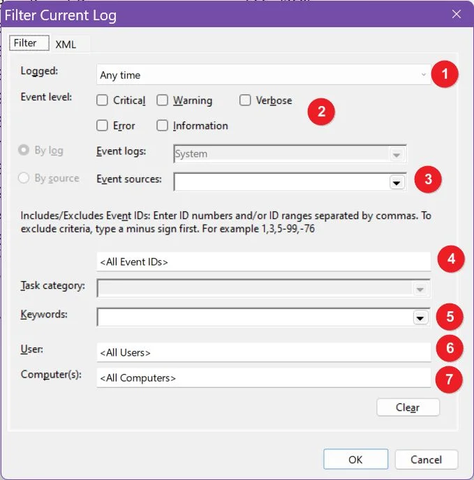 event viewer filter current log settings
