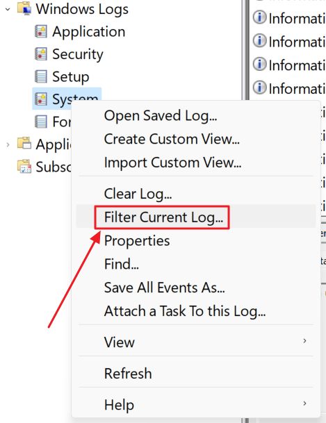 event viewer filter current log