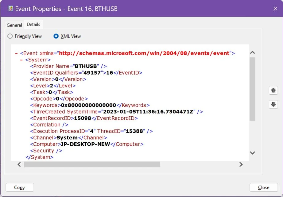 event viewer properties details xml view