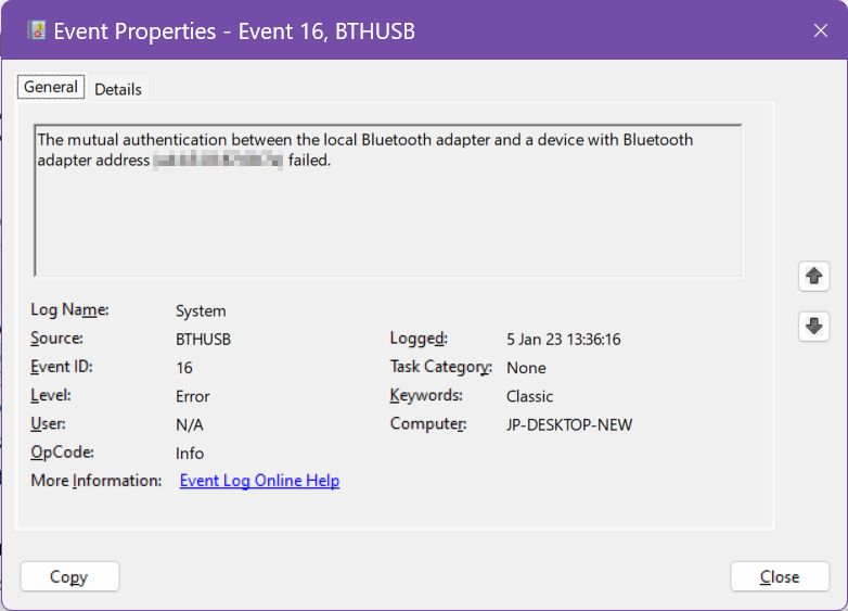 event viewer properties general