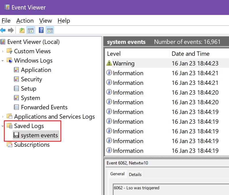 event viewer view saved logs