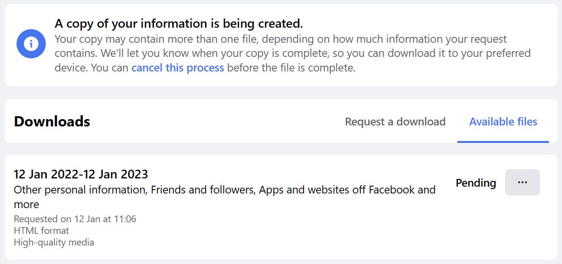 facebook copy of your information is being created
