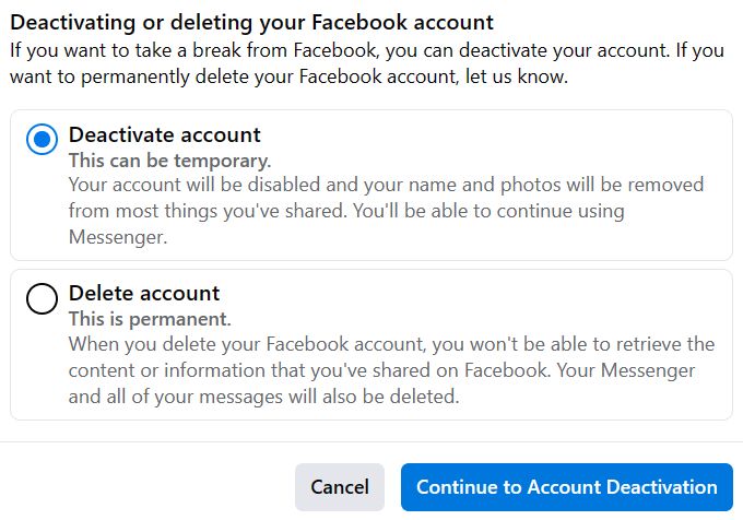 facebook deactivate delete account