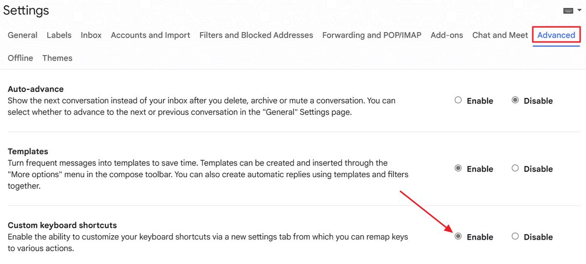 gmail settings advanced custom keyboard shortcuts