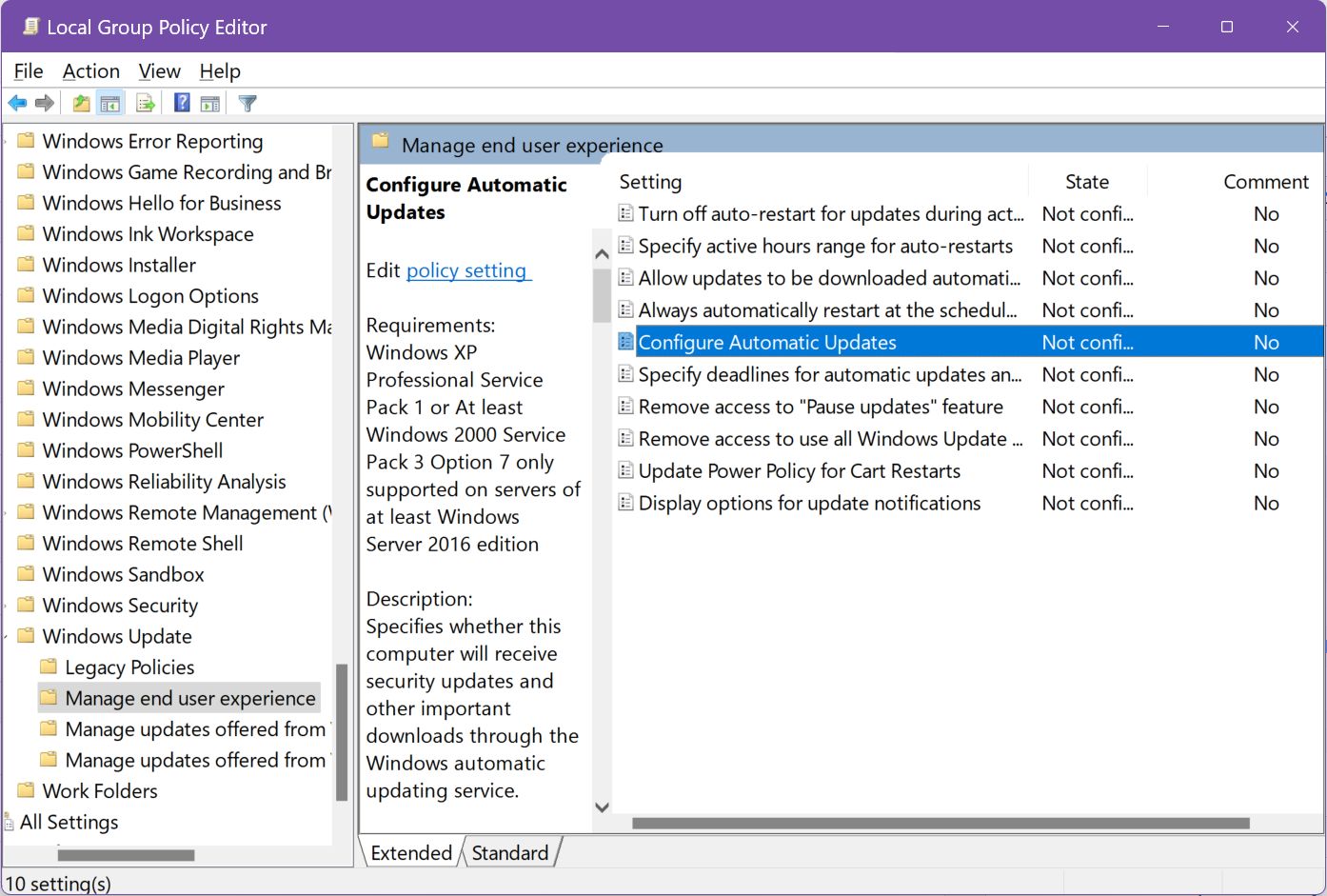 local group policy editor configure automatic updates