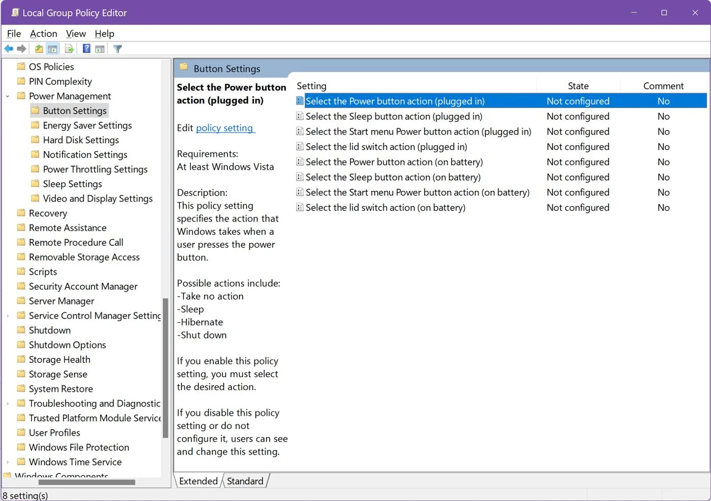 local group policy editor power management button settings