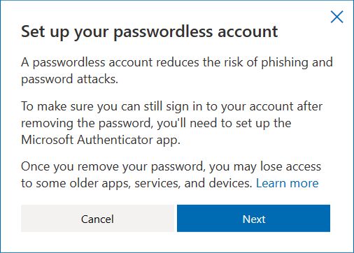 microsoft passwordless account warning