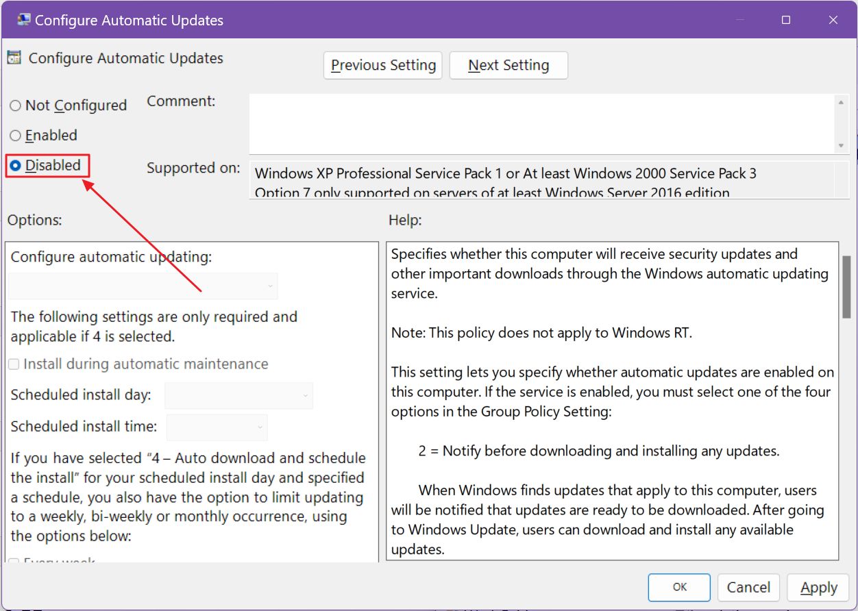 policy configure automatic updates disabled