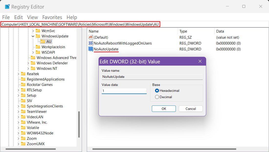 registry editor no auto update dword
