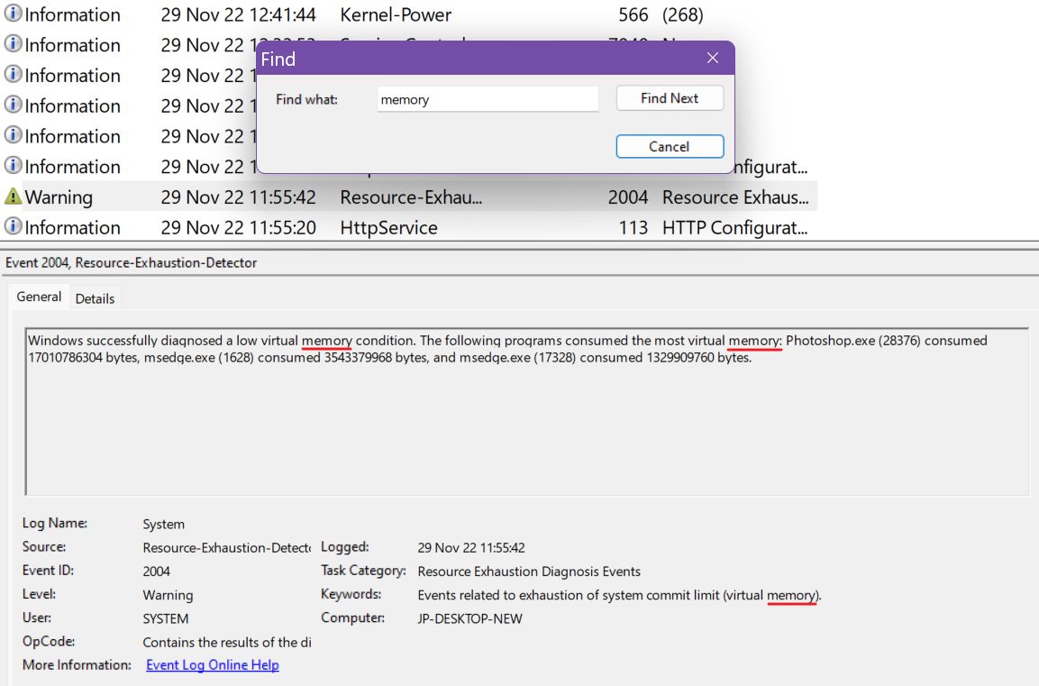 search event viewer logs memory keyword