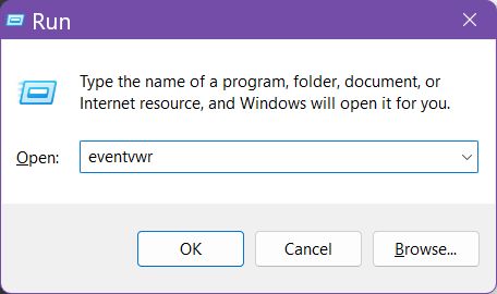 windows event viewer run dialog box