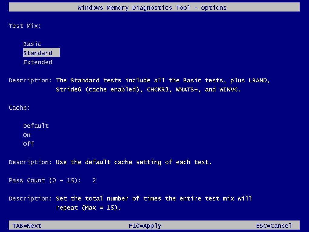 windows memory diagnostic tool options