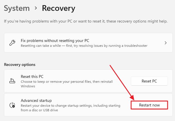 windows settings system recovery advanced startup