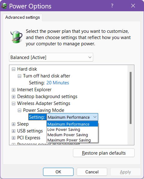 wireless adapter settings power saving mode